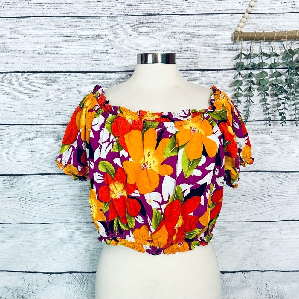 3/$22🩶 Vintage Tropical Print Off The Shoulder Crop Top Shirt Hawaiian Floral L